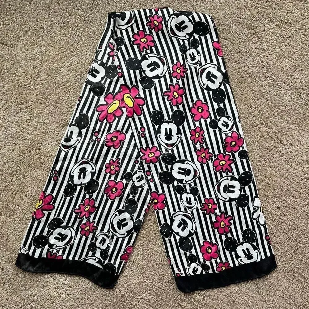 VTG Mickey Mouse Graphic Scarf Black White Pink Stripes 10x52 Disney Style